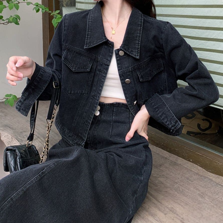 ブラックデニムセットアップ クラシカルジャケット&ハイウエストロングスカート 大人可愛い すっきり見えセット