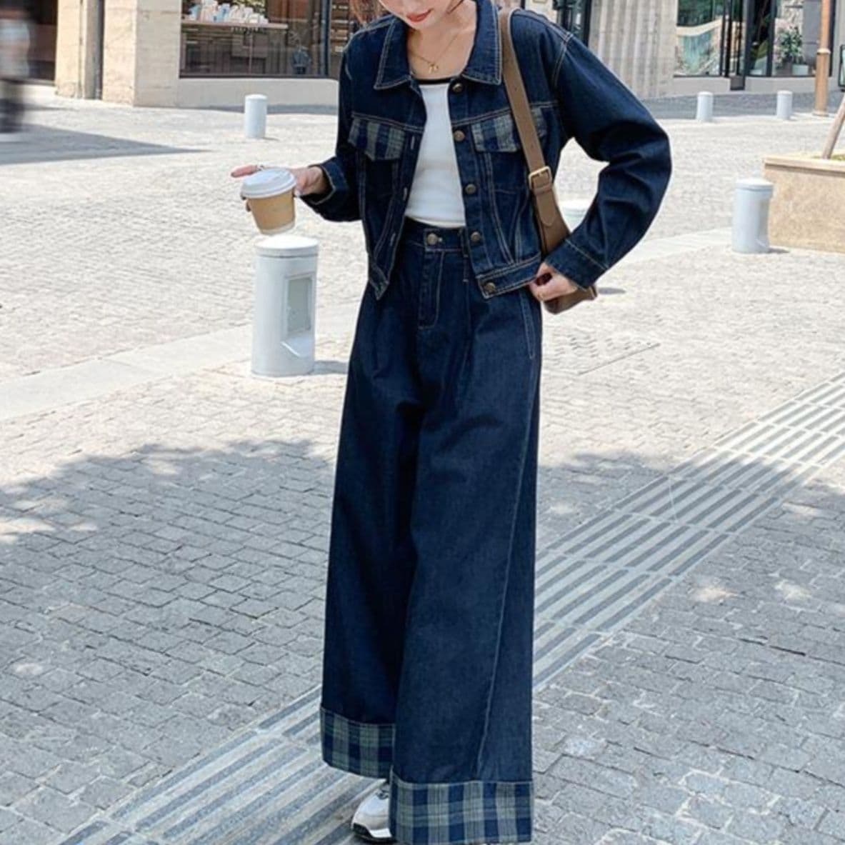 デニムセットアップ チェック切替ショートジャケット・ワイドパンツ 小柄さん向け 大人カジュアル2点セット