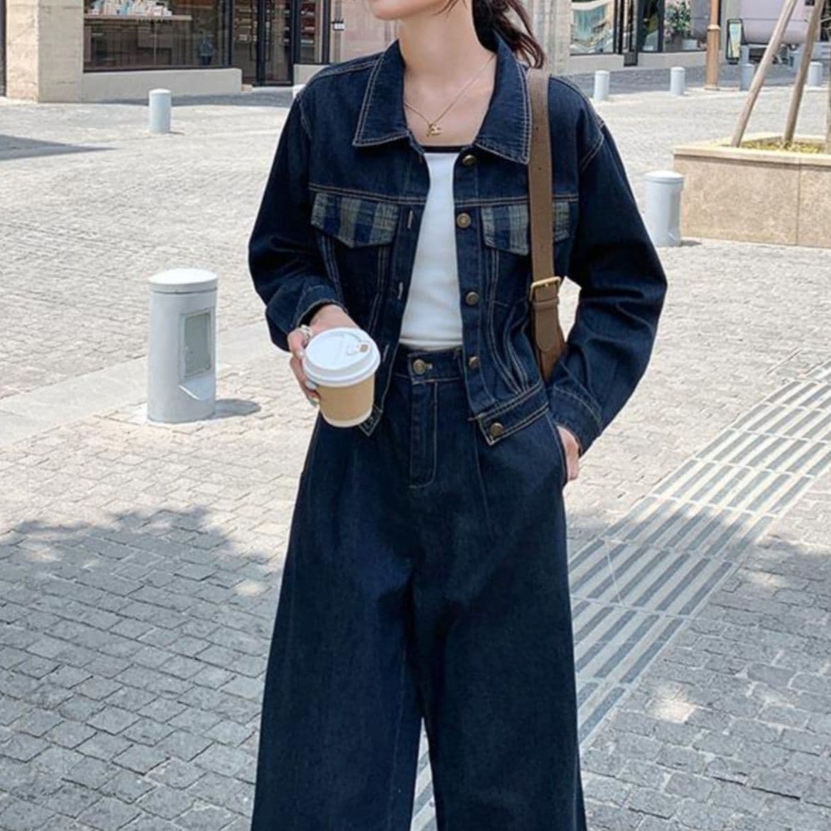 デニムセットアップ チェック切替ショートジャケット・ワイドパンツ 小柄さん向け 大人カジュアル2点セット