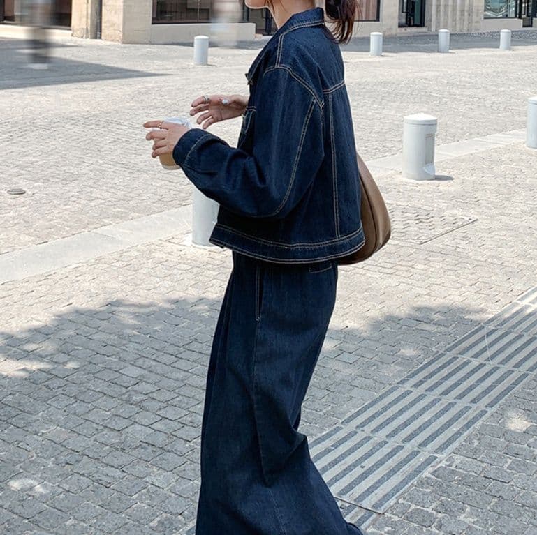 デニムセットアップ チェック切替ショートジャケット・ワイドパンツ 小柄さん向け 大人カジュアル2点セット