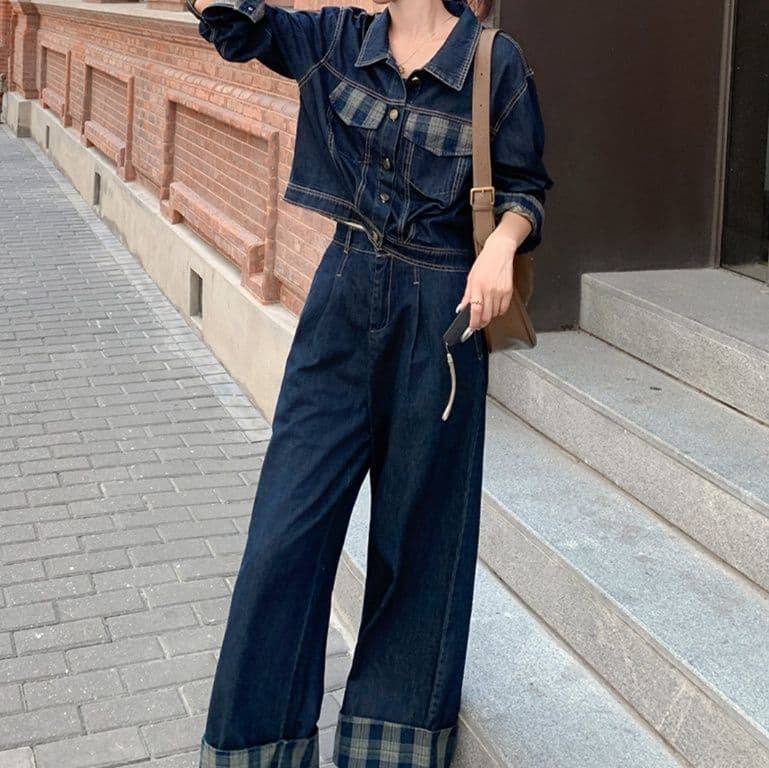 デニムセットアップ チェック切替ショートジャケット・ワイドパンツ 小柄さん向け 大人カジュアル2点セット