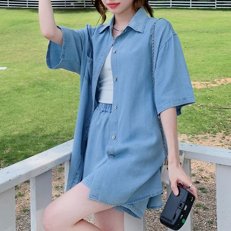 デニムセットアップ ゆったり半袖デニムシャツ&ショートパンツ 夏のゆるかわドーパミンコーデセット