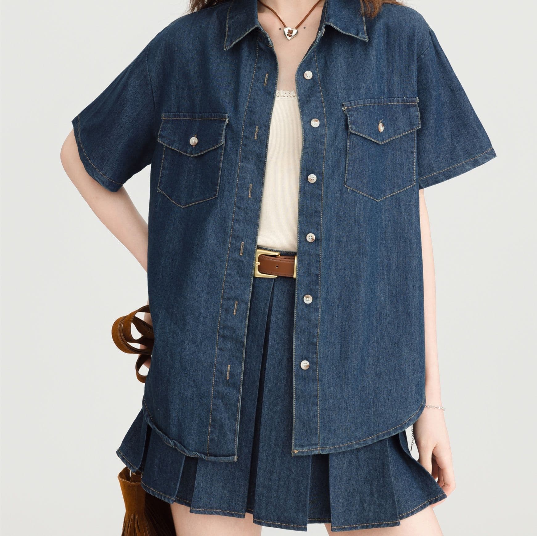 デニムセットアップ ゆったり半袖シャツ・ハイウエストプリーツミニスカート きれいめフェミカジツーピースセット