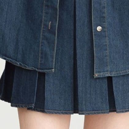 デニムセットアップ ゆったり半袖シャツ・ハイウエストプリーツミニスカート きれいめフェミカジツーピースセット