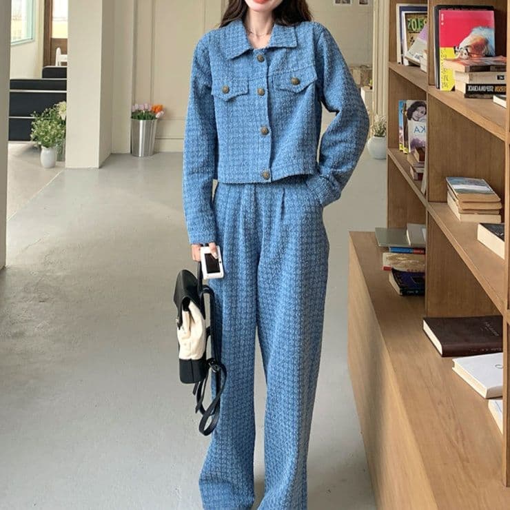 チェック柄デニムショートジャケット×ワイドロングパンツ ゆったり細見え 上品垢抜けセットアップ