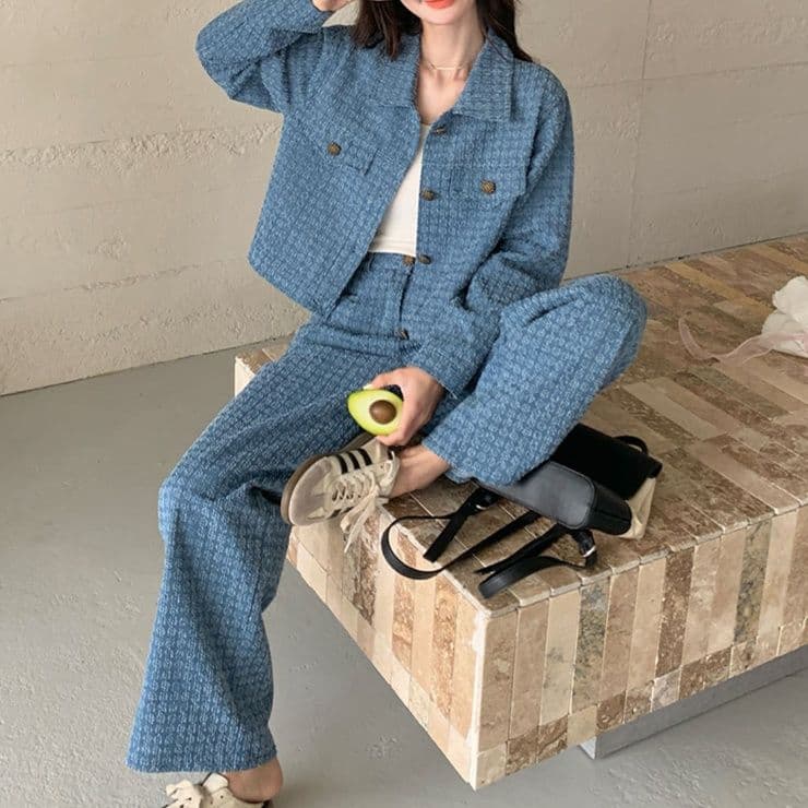 チェック柄デニムショートジャケット×ワイドロングパンツ ゆったり細見え 上品垢抜けセットアップ