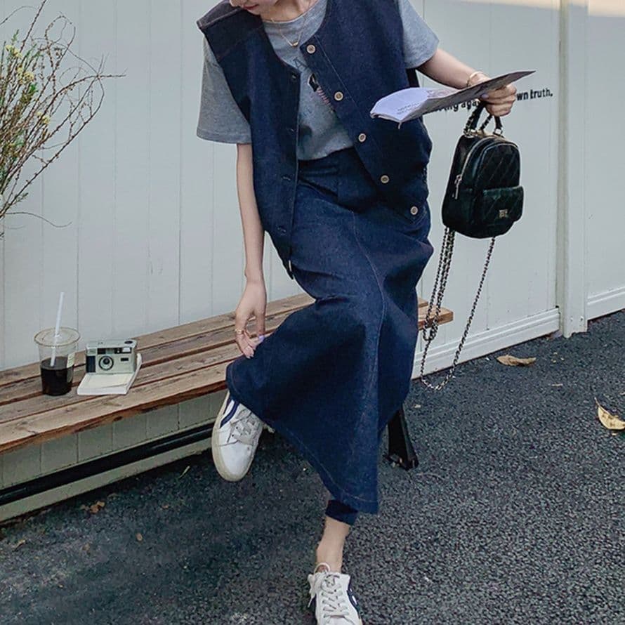 デニムセットアップ ノーカラーベスト・Tシャツ・ロングスカート 上品垢抜け きれいめカジュアル3点セット
