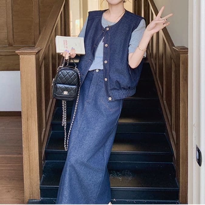 デニムセットアップ ノーカラーベスト・Tシャツ・ロングスカート 上品垢抜け きれいめカジュアル3点セット
