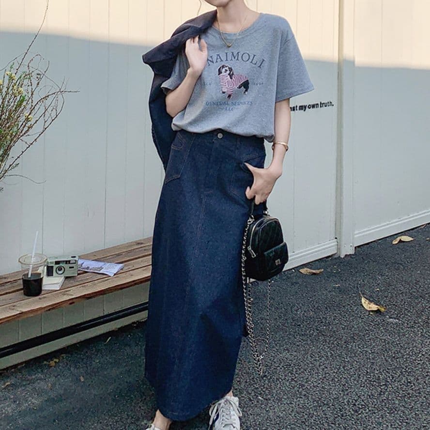 デニムセットアップ ノーカラーベスト・Tシャツ・ロングスカート 上品垢抜け きれいめカジュアル3点セット