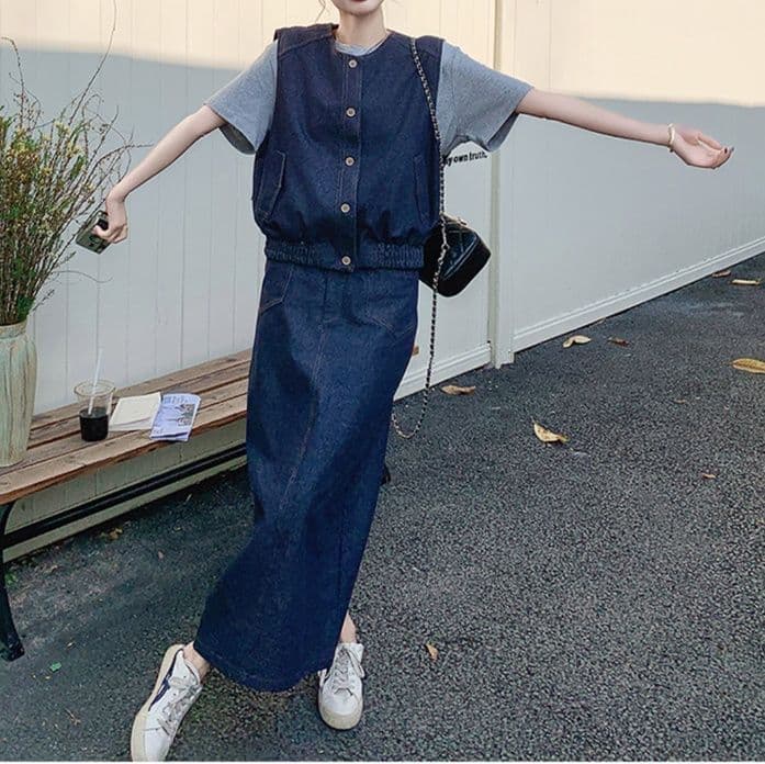 デニムセットアップ ノーカラーベスト・Tシャツ・ロングスカート 上品垢抜け きれいめカジュアル3点セット