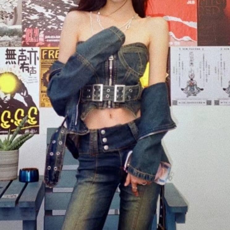 フロントジップビスチェトップス×デニムロングパンツ ヴィンテージ風 ギャル系細見えセットアップ
