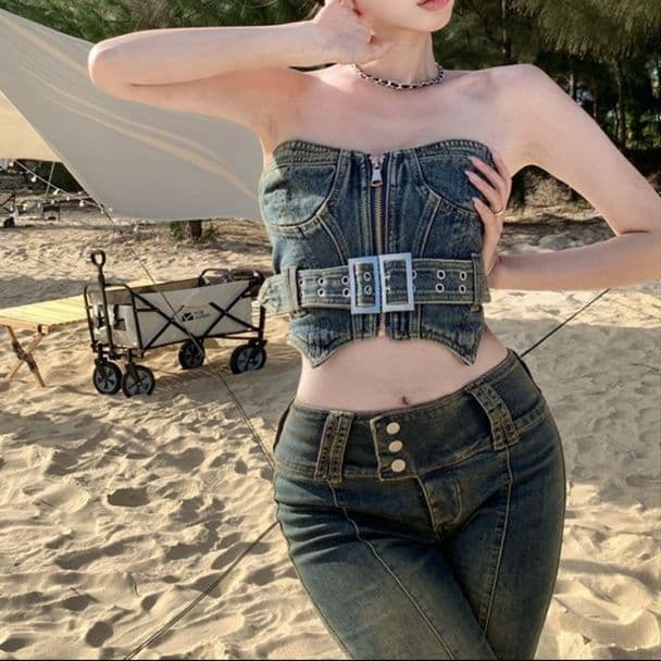 デニムセットアップ ベルトデザインビスチェ×ハイウエストワイドパンツ 脚長見えアメリカンY2K2点セット