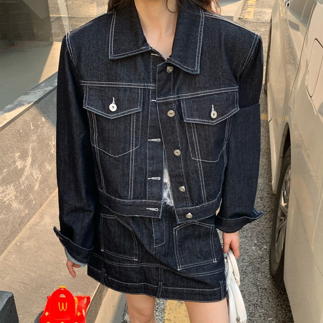 デニムセットアップ クラシックジャケット×ミニスカート 濃紺際立つ大人かわいい上下セット