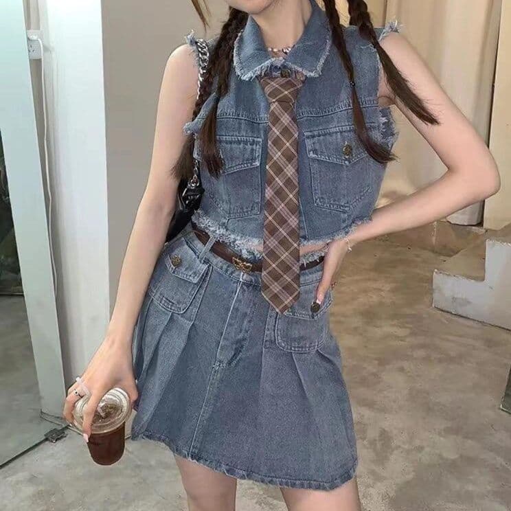 デニムセットアップ ノースリーブクロップドトップス×プリーツミニスカート スクールガーリー2点セット