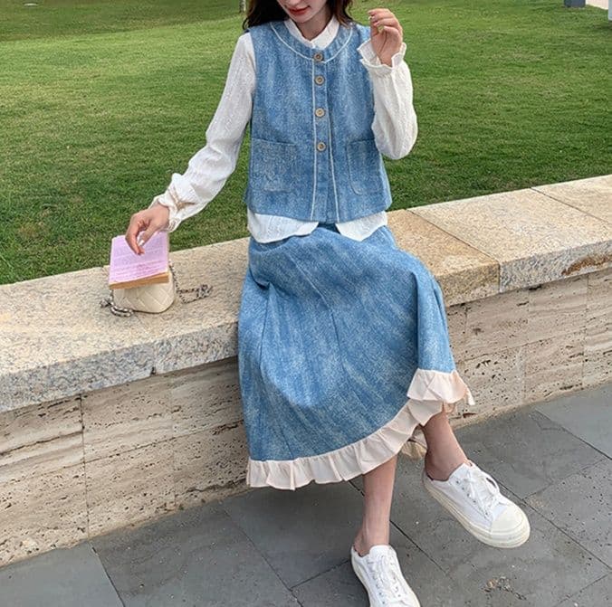 デニムセットアップ デニムベスト・フリルロングスカート・ふんわり白シャツ ゆる甘清楚な3点セット