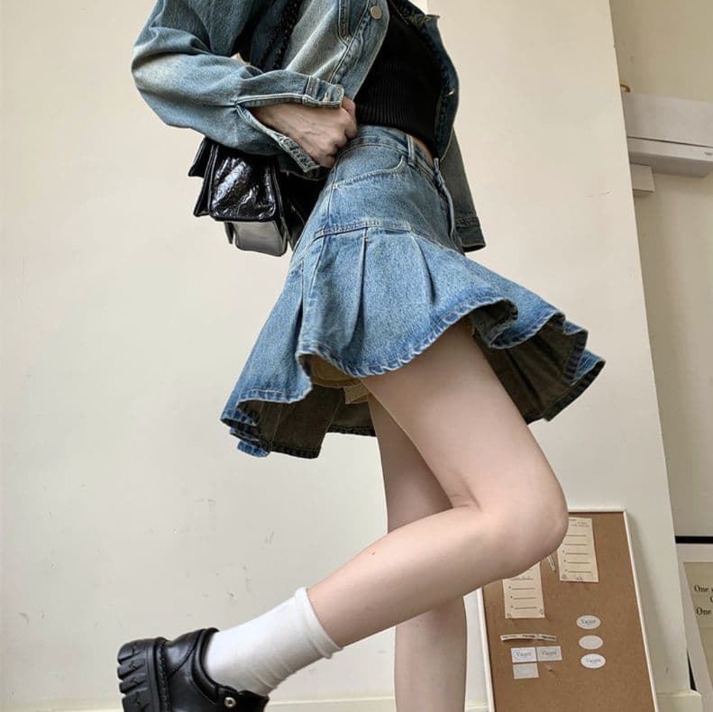 デニムショートジャケット&プリーツミニスカート ゆる可愛いヴィンテージ風セットアップ(上下別売り)