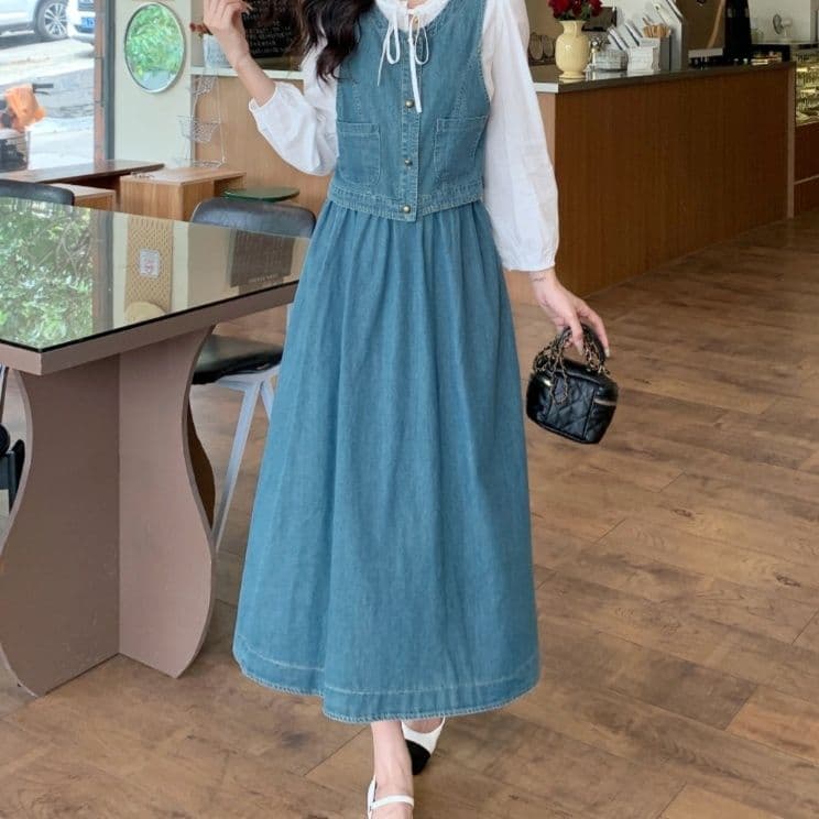 デニムセットアップ クラシカルベスト・フレアロングスカート・白ブラウス 大きめサイズ◎ 韓国風高見えフェミニン3点セット