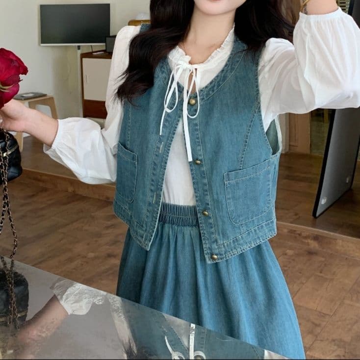 デニムセットアップ クラシカルベスト・フレアロングスカート・白ブラウス 大きめサイズ◎ 韓国風高見えフェミニン3点セット