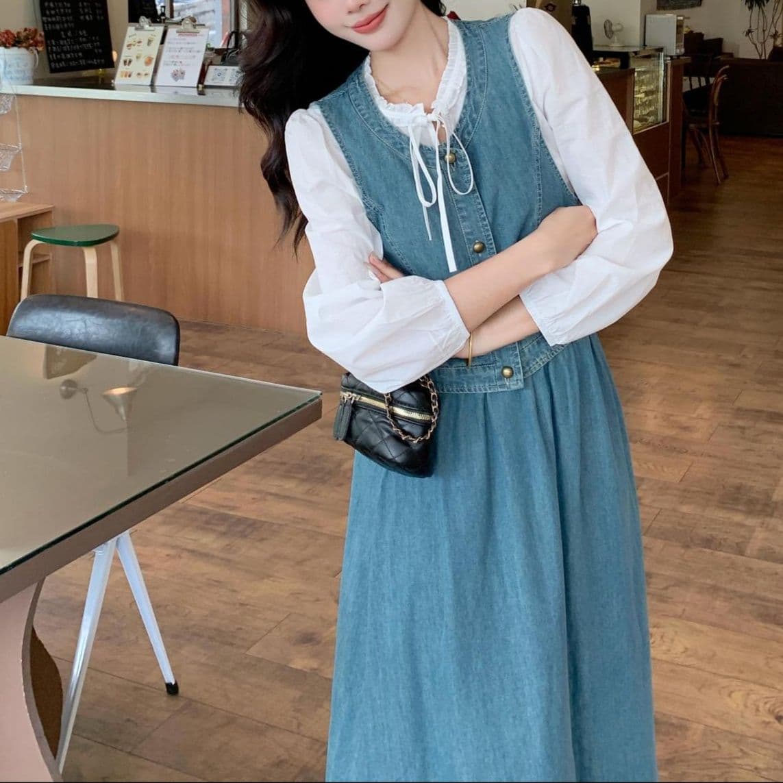 デニムセットアップ クラシカルベスト・フレアロングスカート・白ブラウス 大きめサイズ◎ 韓国風高見えフェミニン3点セット