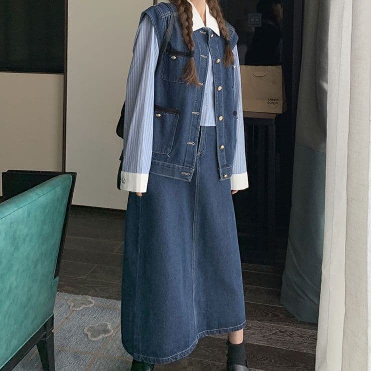デニムセットアップ ポケット付きデニムベスト・ロングスカート 香港レトロなツーピースセット