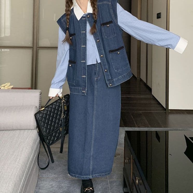 デニムセットアップ ポケット付きデニムベスト・ロングスカート 香港レトロなツーピースセット