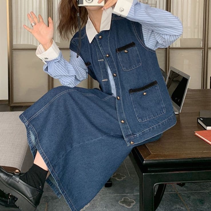 デニムセットアップ ポケット付きデニムベスト・ロングスカート 香港レトロなツーピースセット