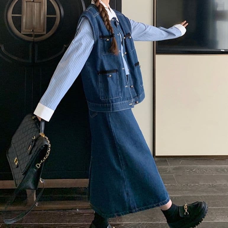 デニムセットアップ ポケット付きデニムベスト・ロングスカート 香港レトロなツーピースセット