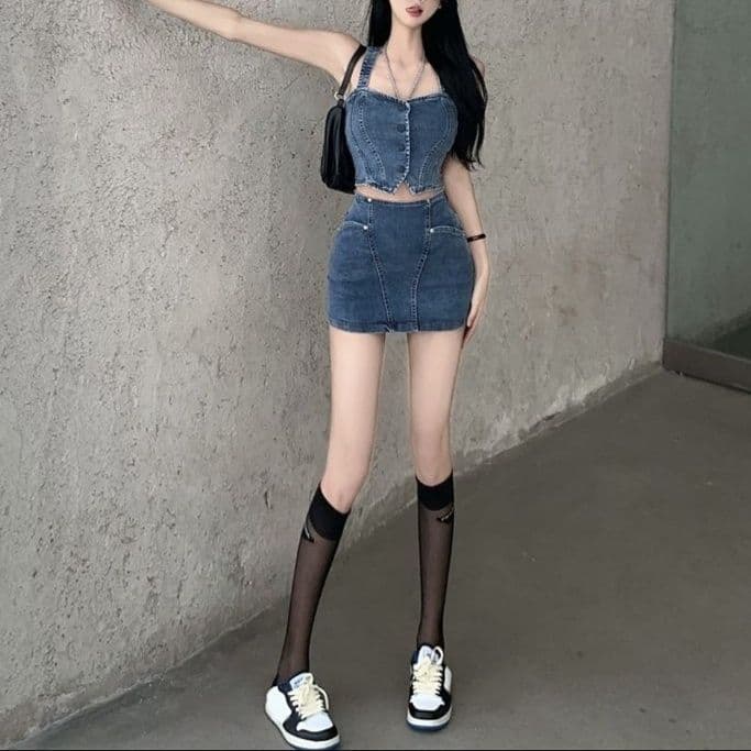 デニムセットアップ 肩紐付きショートビスチェ×タイトミニスカート スリムフィット 肌見せ大人ガーリーセット