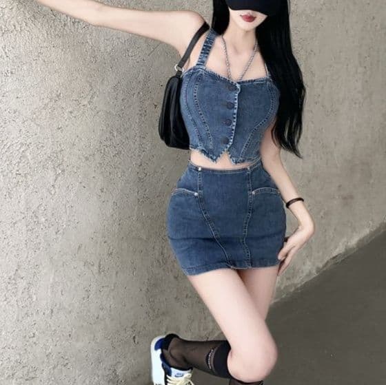 デニムセットアップ 肩紐付きショートビスチェ×タイトミニスカート スリムフィット 肌見せ大人ガーリーセット