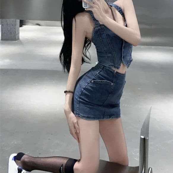 デニムセットアップ 肩紐付きショートビスチェ×タイトミニスカート スリムフィット 肌見せ大人ガーリーセット