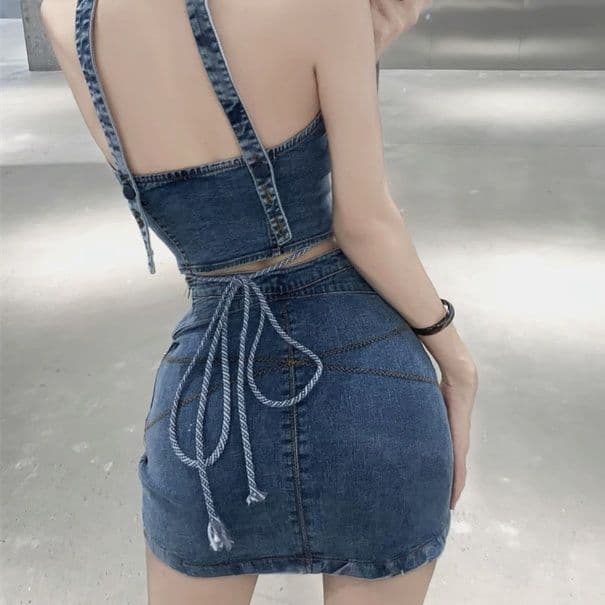デニムセットアップ 肩紐付きショートビスチェ×タイトミニスカート スリムフィット 肌見せ大人ガーリーセット