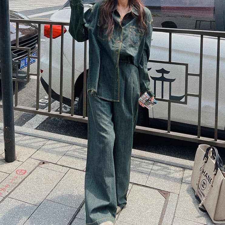 デニムセットアップ ゆるシルエット長袖シャツ・ワイドレッグパンツ 香港レトロ風ツーピースセット
