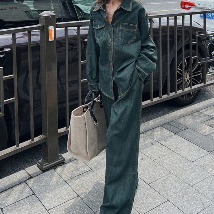 デニムセットアップ ゆるシルエット長袖シャツ・ワイドレッグパンツ 香港レトロ風ツーピースセット