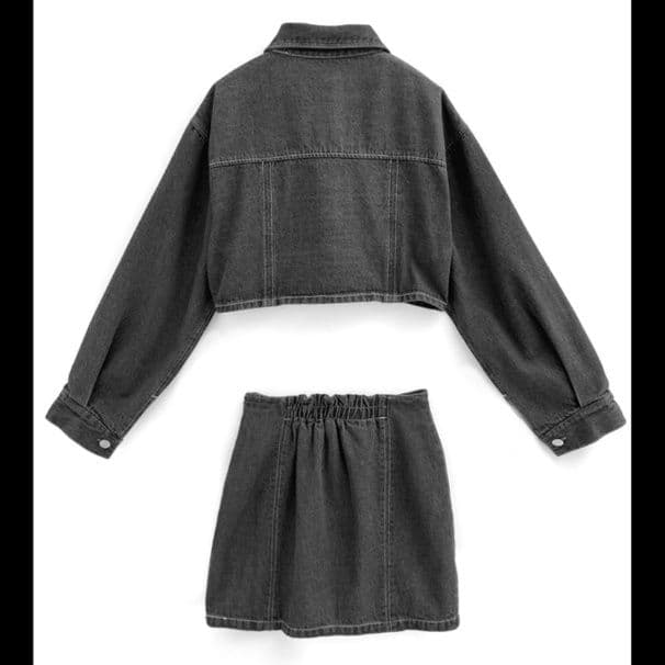 ブラックデニムセットアップ ショート丈ジャケット×Aラインミニスカート 着回し力抜群 今っぽこなれセット