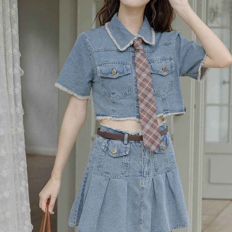 デニムセットアップ 半袖ショートジャケット&プリーツミニスカート 学生風ガーリーカジュアルツーピース