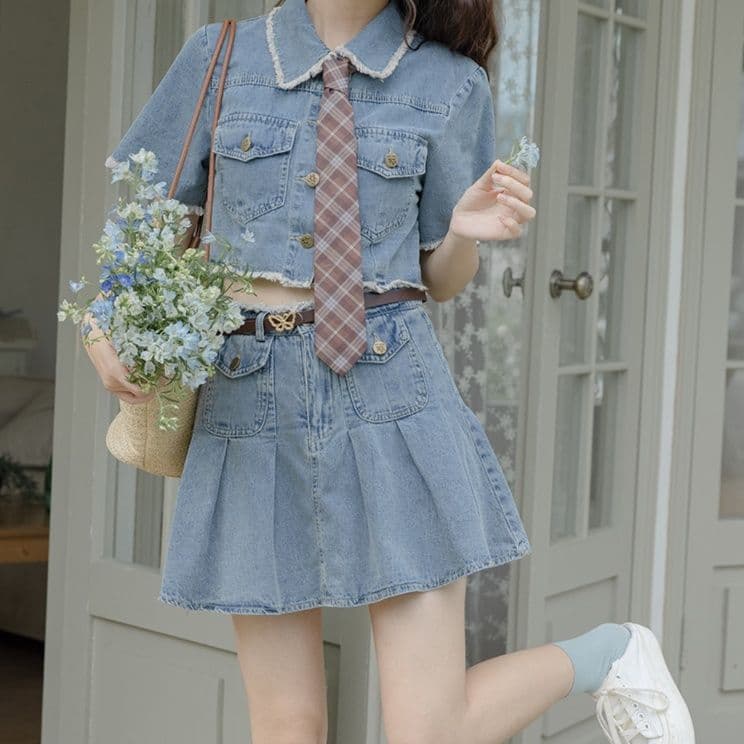 デニムセットアップ 半袖ショートジャケット&プリーツミニスカート 学生風ガーリーカジュアルツーピース
