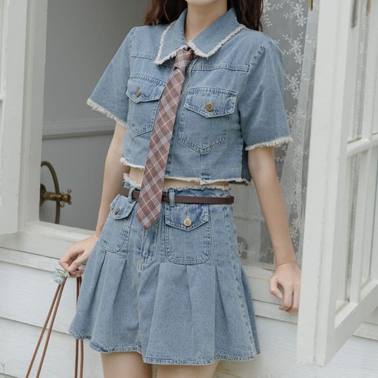 デニムセットアップ 半袖ショートジャケット&プリーツミニスカート 学生風ガーリーカジュアルツーピース