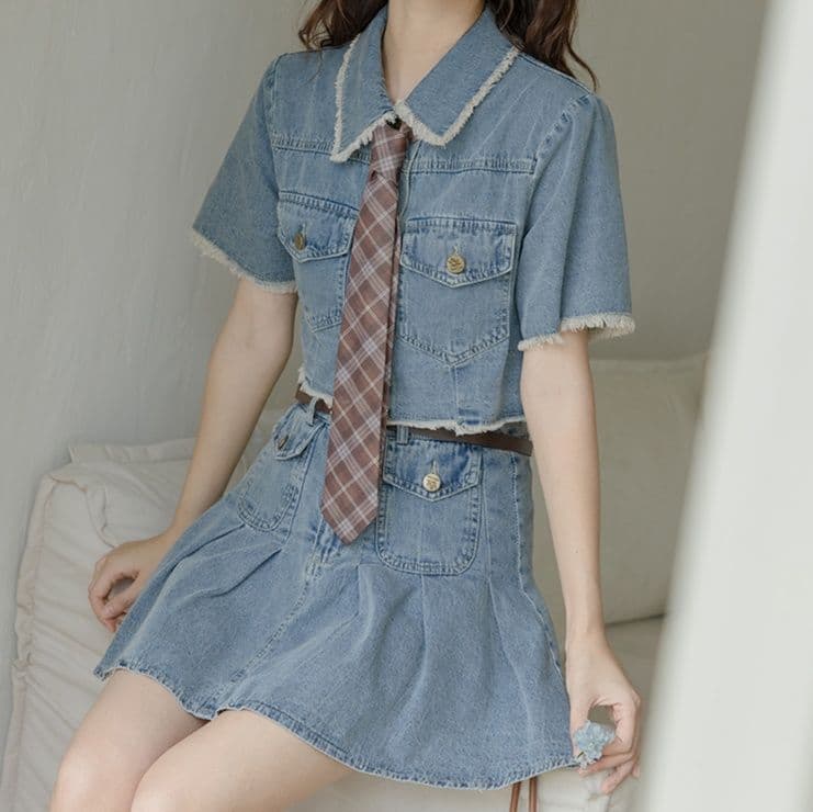 デニムセットアップ 半袖ショートジャケット&プリーツミニスカート 学生風ガーリーカジュアルツーピース