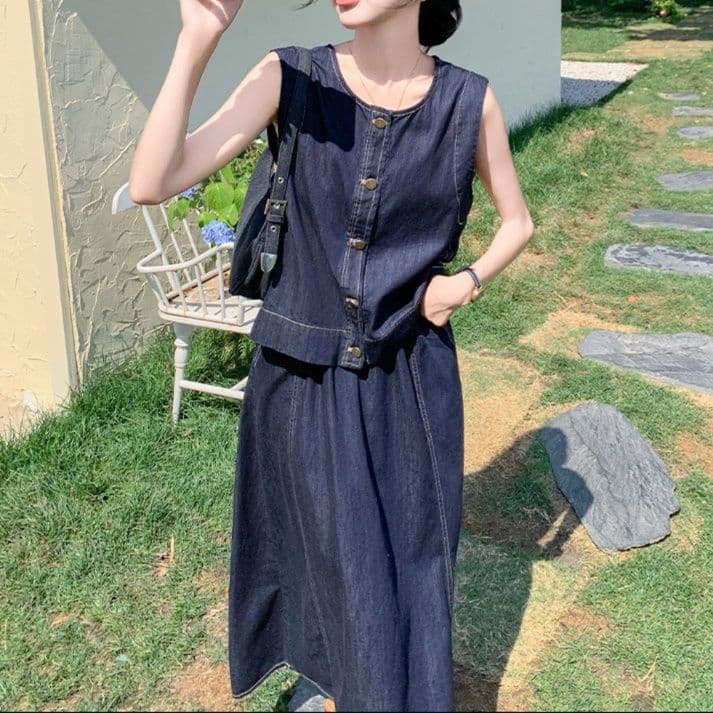 デニムセットアップ ゆったりデニムベスト&ロングスカート 万能きれいめ 大人フェミニンセット