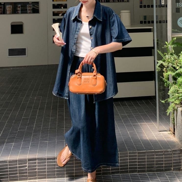 デニムセットアップ 夏向け半袖シャツ+ロングスカート 大人可愛い韓国風2点セット