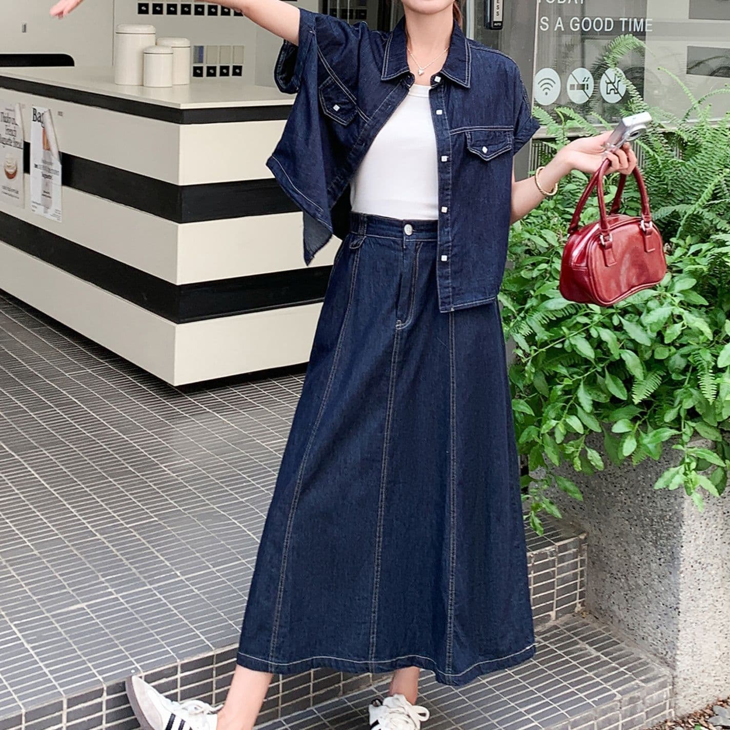 デニムセットアップ ゆったり半袖シャツ&フレアロングスカート 大人かわいい高見えツーピースセット