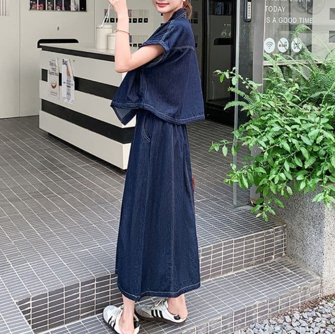 デニムセットアップ ゆったり半袖シャツ&フレアロングスカート 大人かわいい高見えツーピースセット