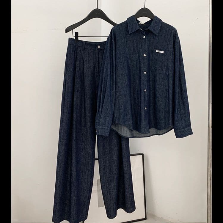 ゆったりクラシカルデニムシャツ&ワイドパンツ 汎用性抜群 大人カジュアルセットアップ(上下別売り)