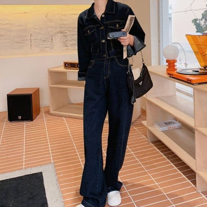 ダークデニムセットアップ シンプルショートジャケット×ワイドロングパンツ 塩系カジュアルな垢抜け2点セット