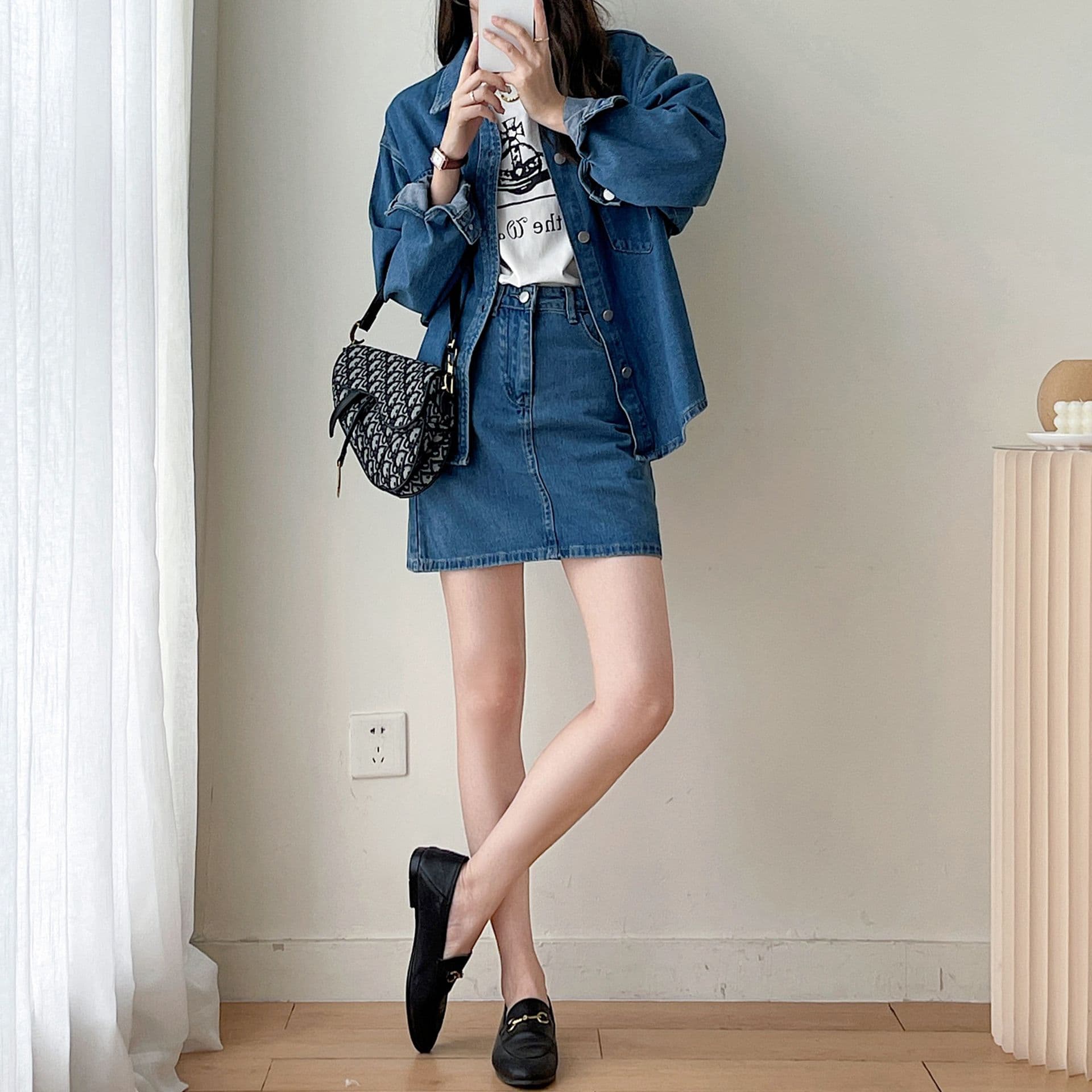 デニムセットアップ ゆったりクラシカルジャケット&Tシャツ&ミニスカート 着回し力抜群 きれいめカジュアル3点セット
