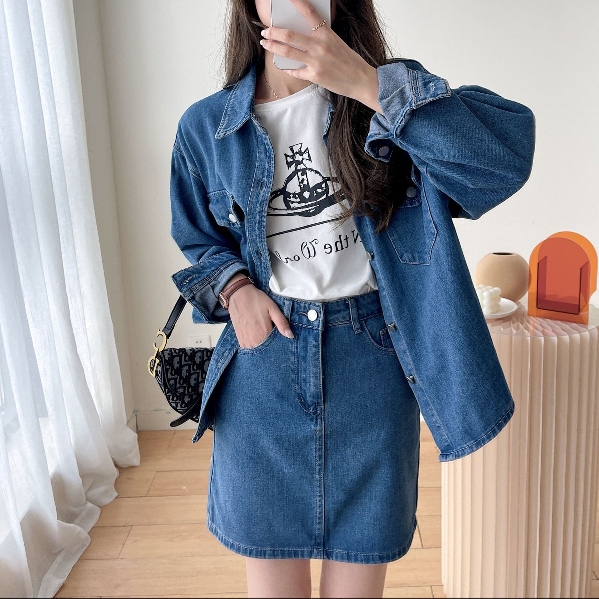 デニムセットアップ ゆったりクラシカルジャケット&Tシャツ&ミニスカート 着回し力抜群 きれいめカジュアル3点セット