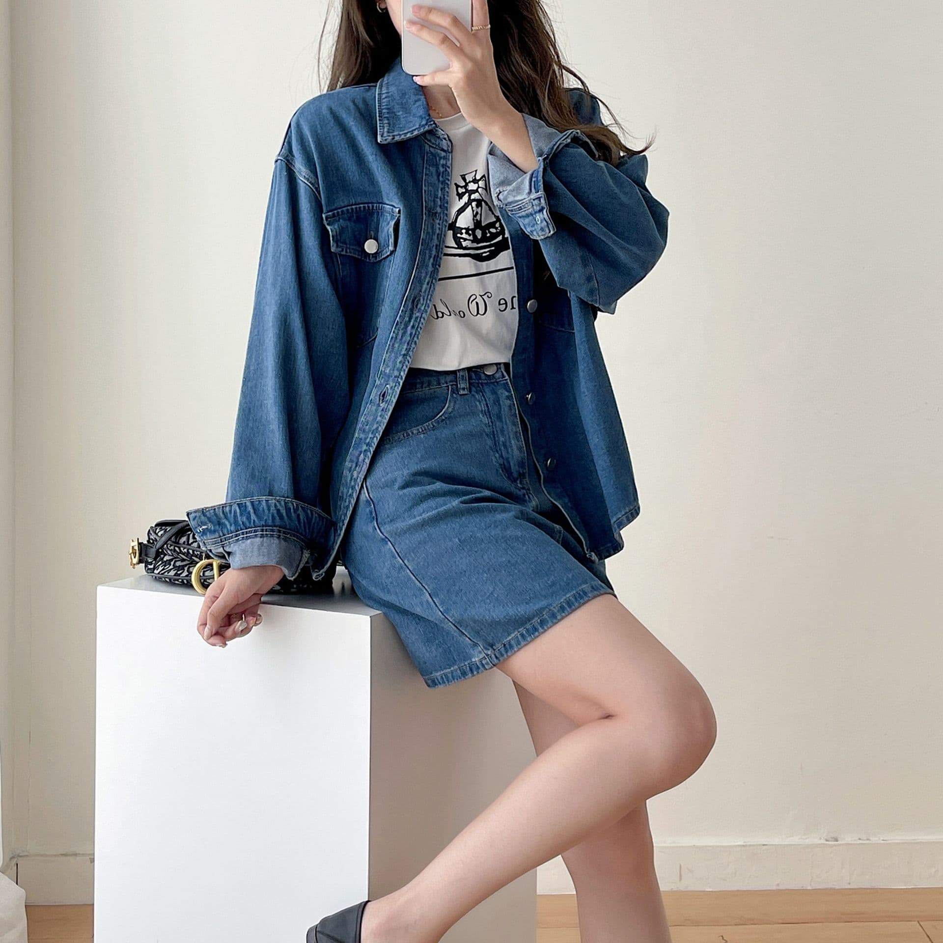 デニムセットアップ ゆったりクラシカルジャケット&Tシャツ&ミニスカート 着回し力抜群 きれいめカジュアル3点セット