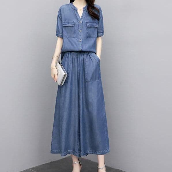 ゆったりノーカラー半袖シャツ+ワイドパンツ 大きめサイズ◎ 上品リラックス 薄手デニムセットアップ