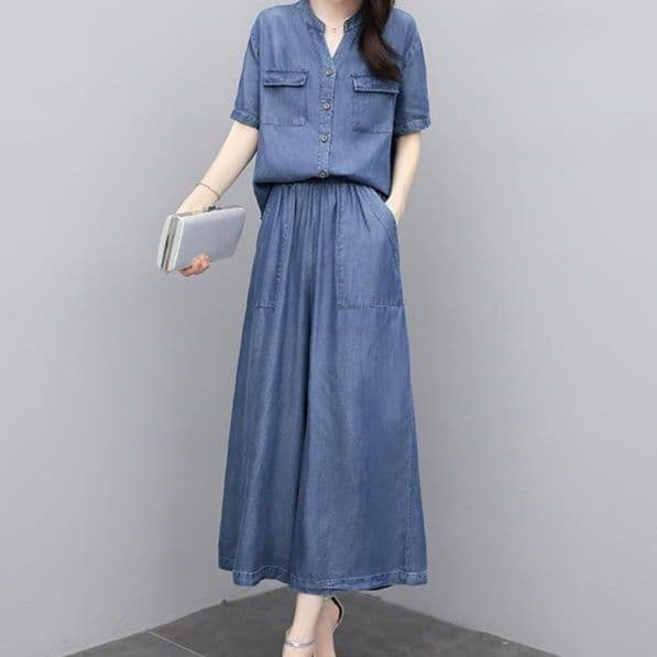 ゆったりノーカラー半袖シャツ+ワイドパンツ 大きめサイズ◎ 上品リラックス 薄手デニムセットアップ