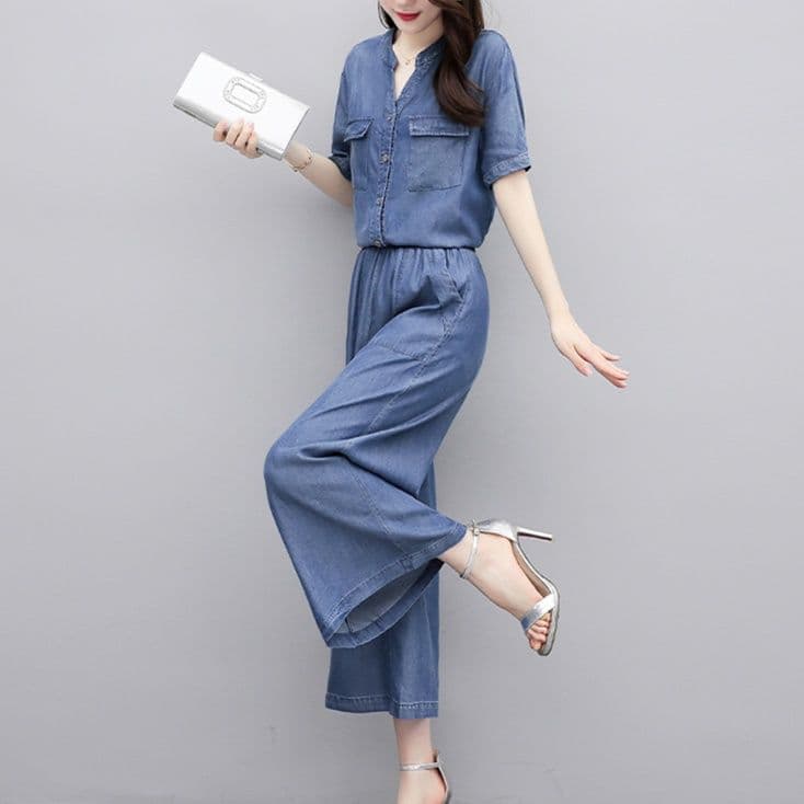 ゆったりノーカラー半袖シャツ+ワイドパンツ 大きめサイズ◎ 上品リラックス 薄手デニムセットアップ